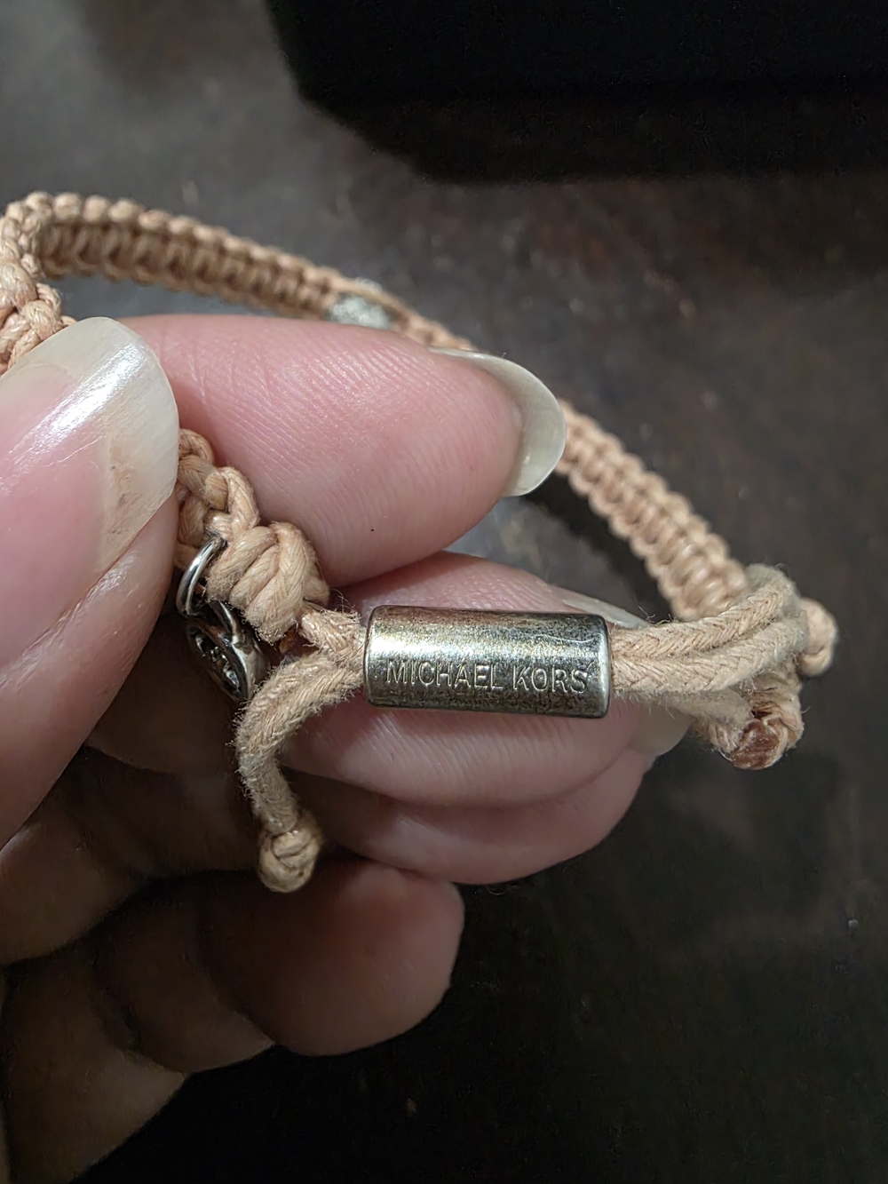 Michael Kors Tan Woven Cord Bracelet with Silver Logo Tube